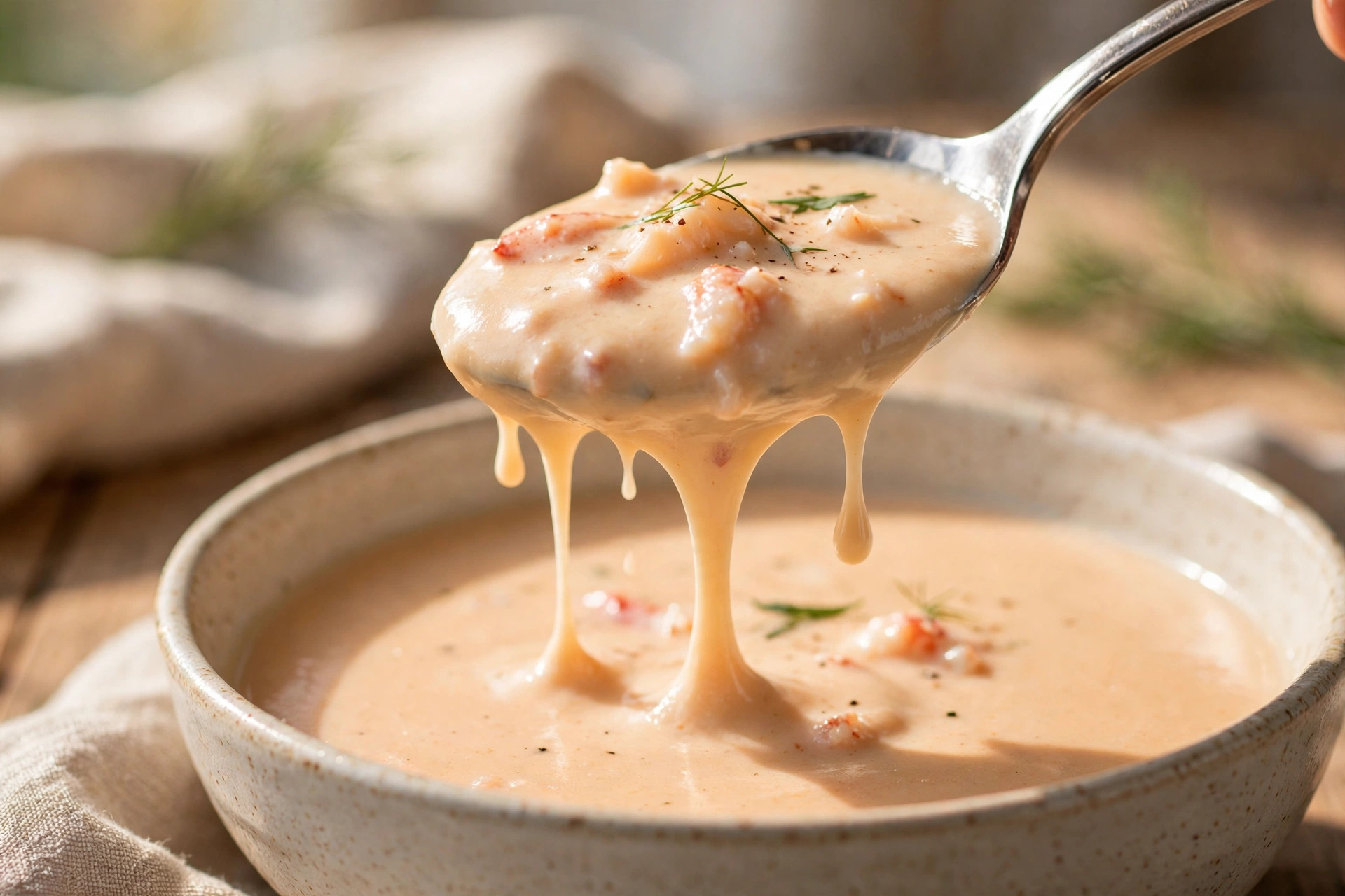 Spoon lifting silky smooth bisque to show the velvet texture you want from a homemade lobster bisque recipe