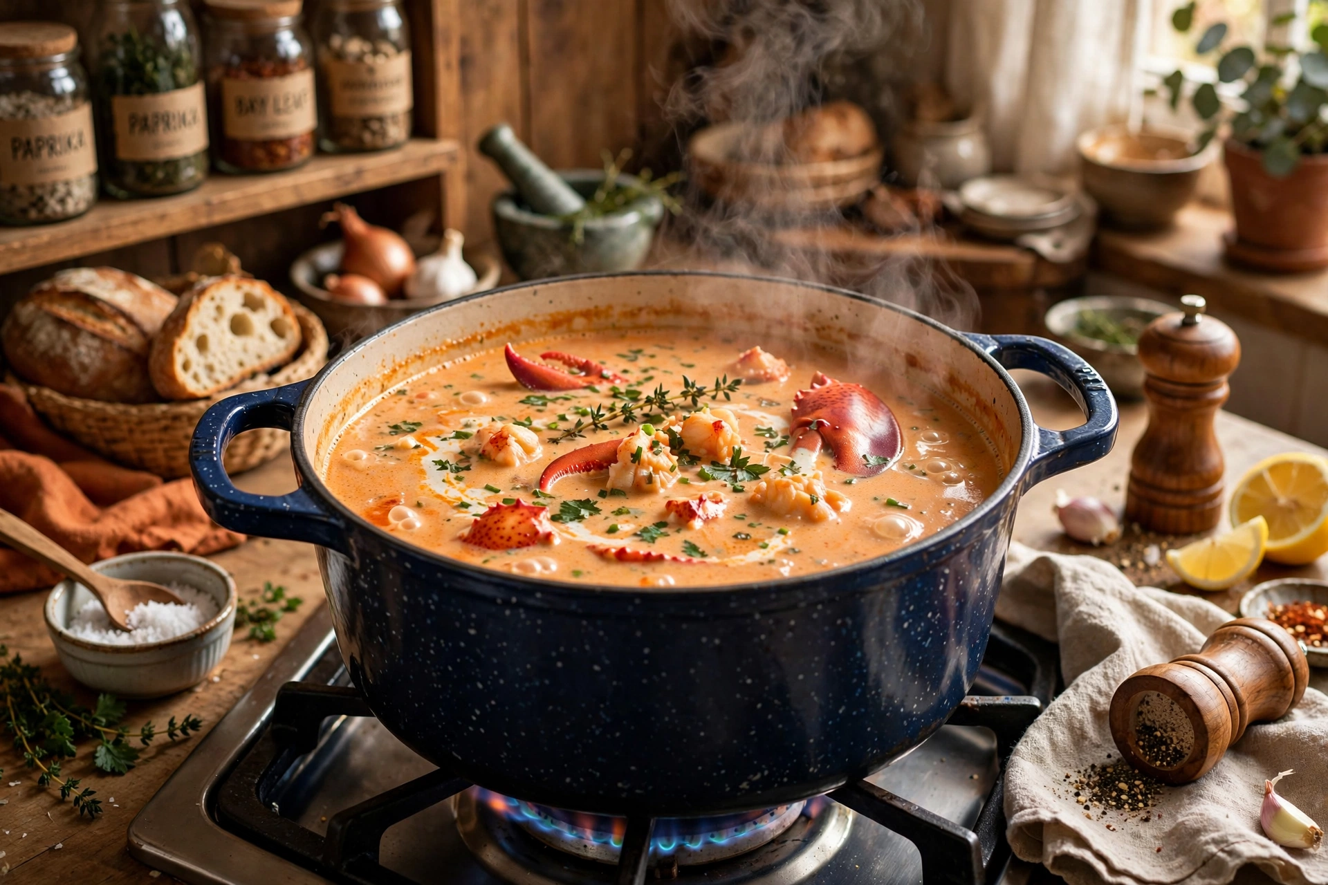 Pot of lobster bisque simmering on the stovetop, the cozy base for an easy lobster bisque recipe