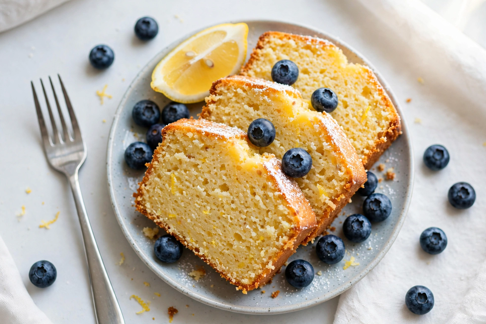 Thick slices of moist lemon pound cake recipes served with blueberries and lemon