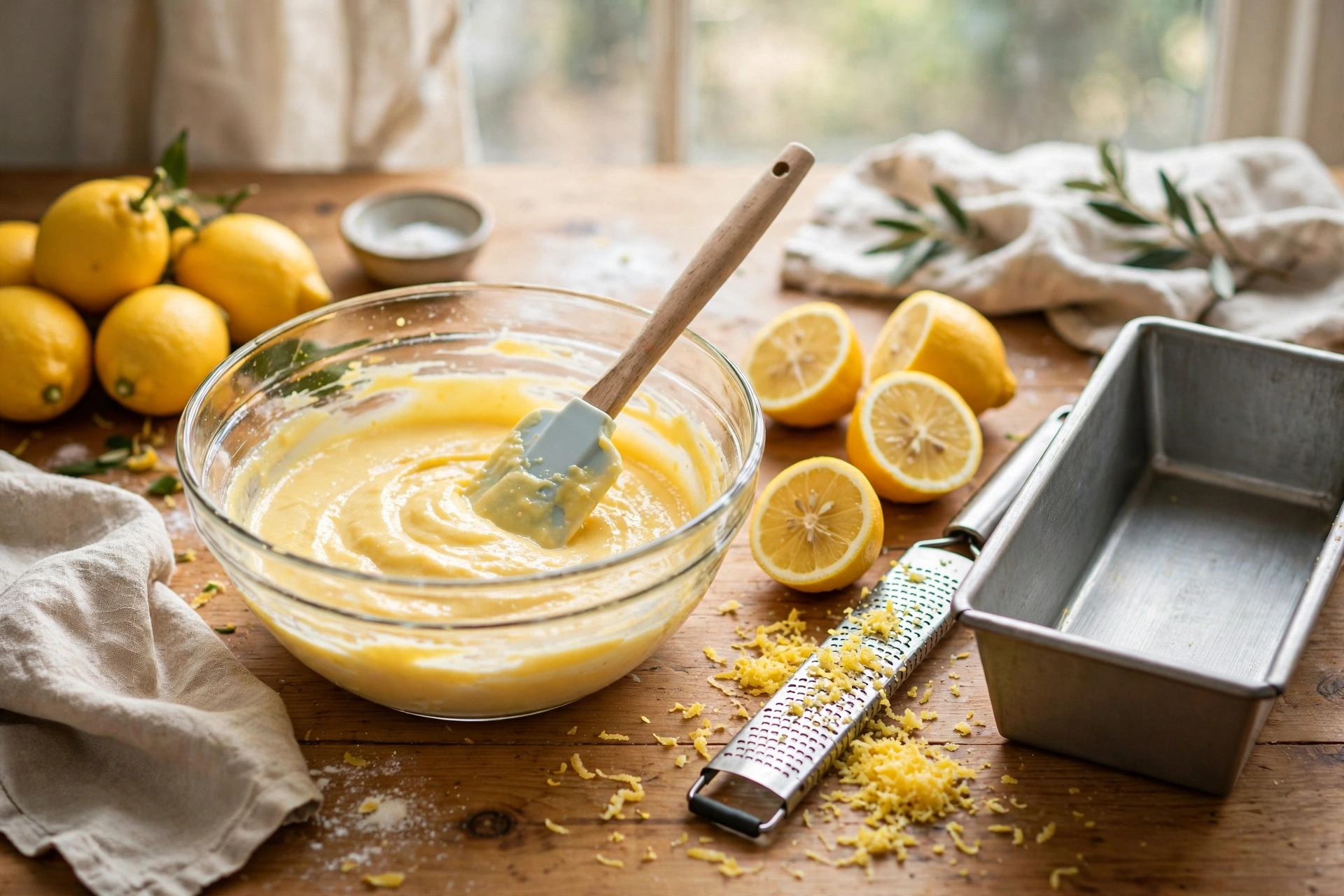 Baking lemon pound cake recipes at home with batter, lemons, and a loaf pan