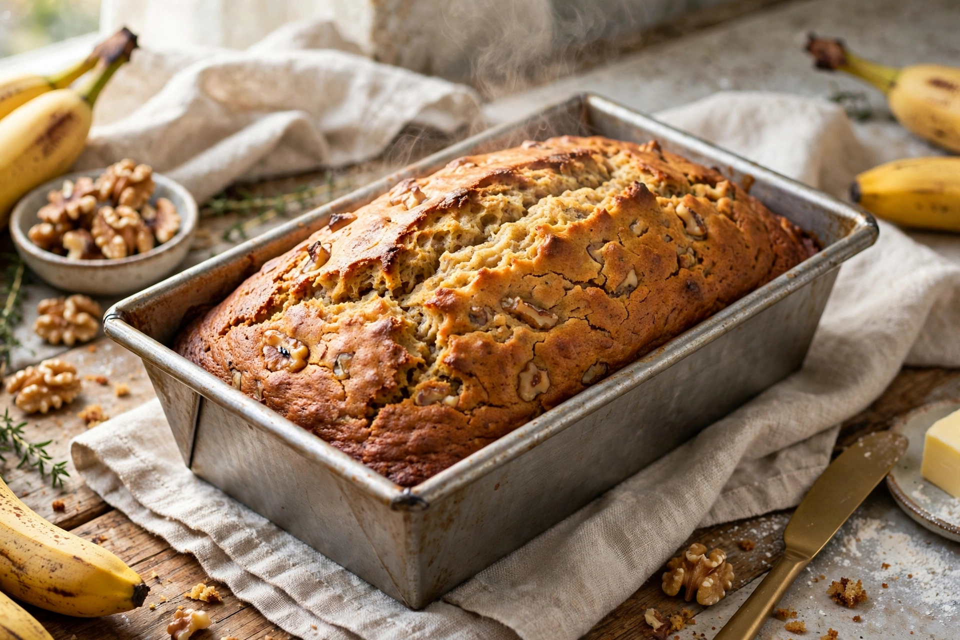 Golden banana bread recipe loaf resting in the pan just after baking