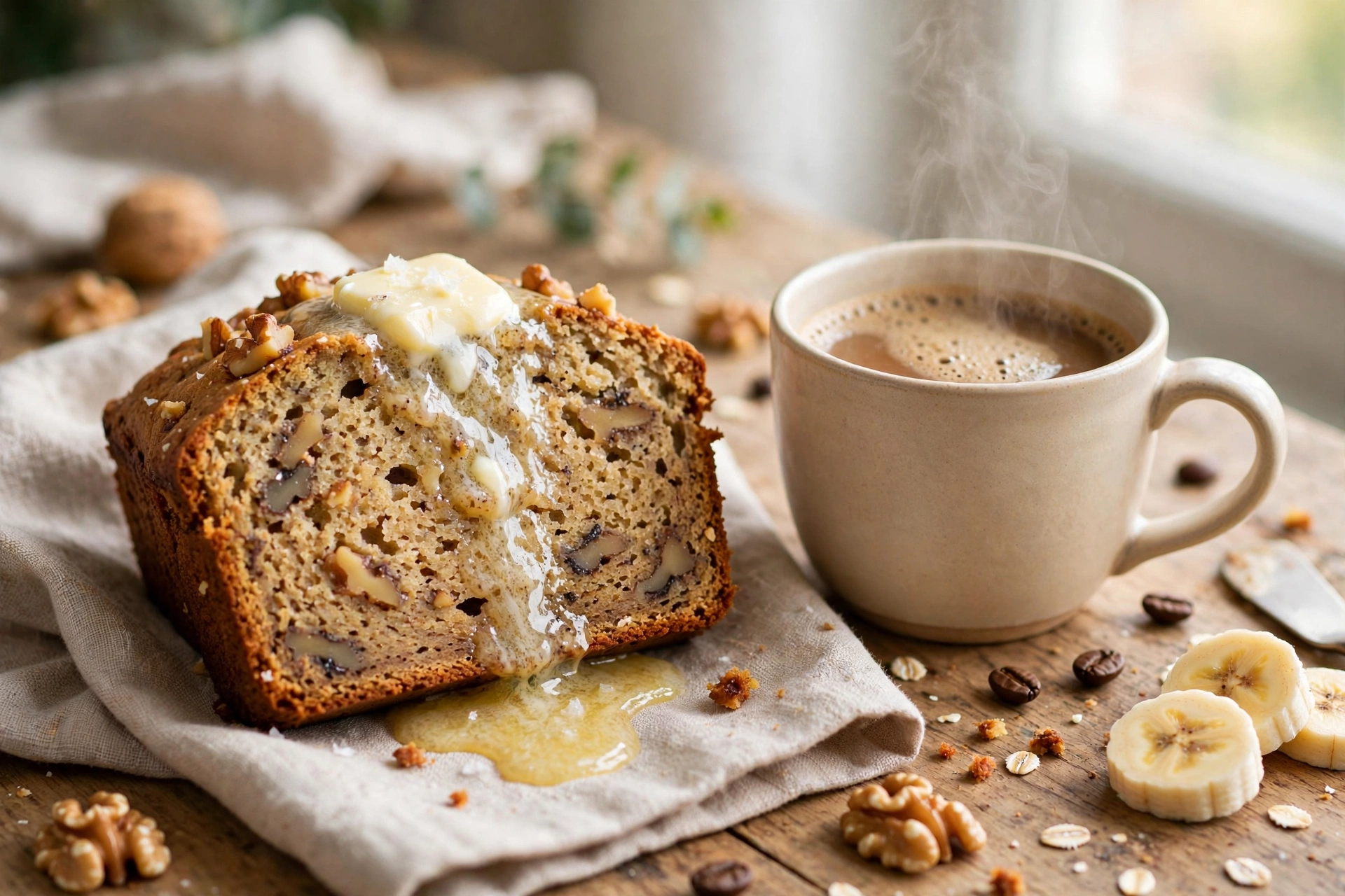 Warm slice from this banana bread recipe with butter and coffee on the side