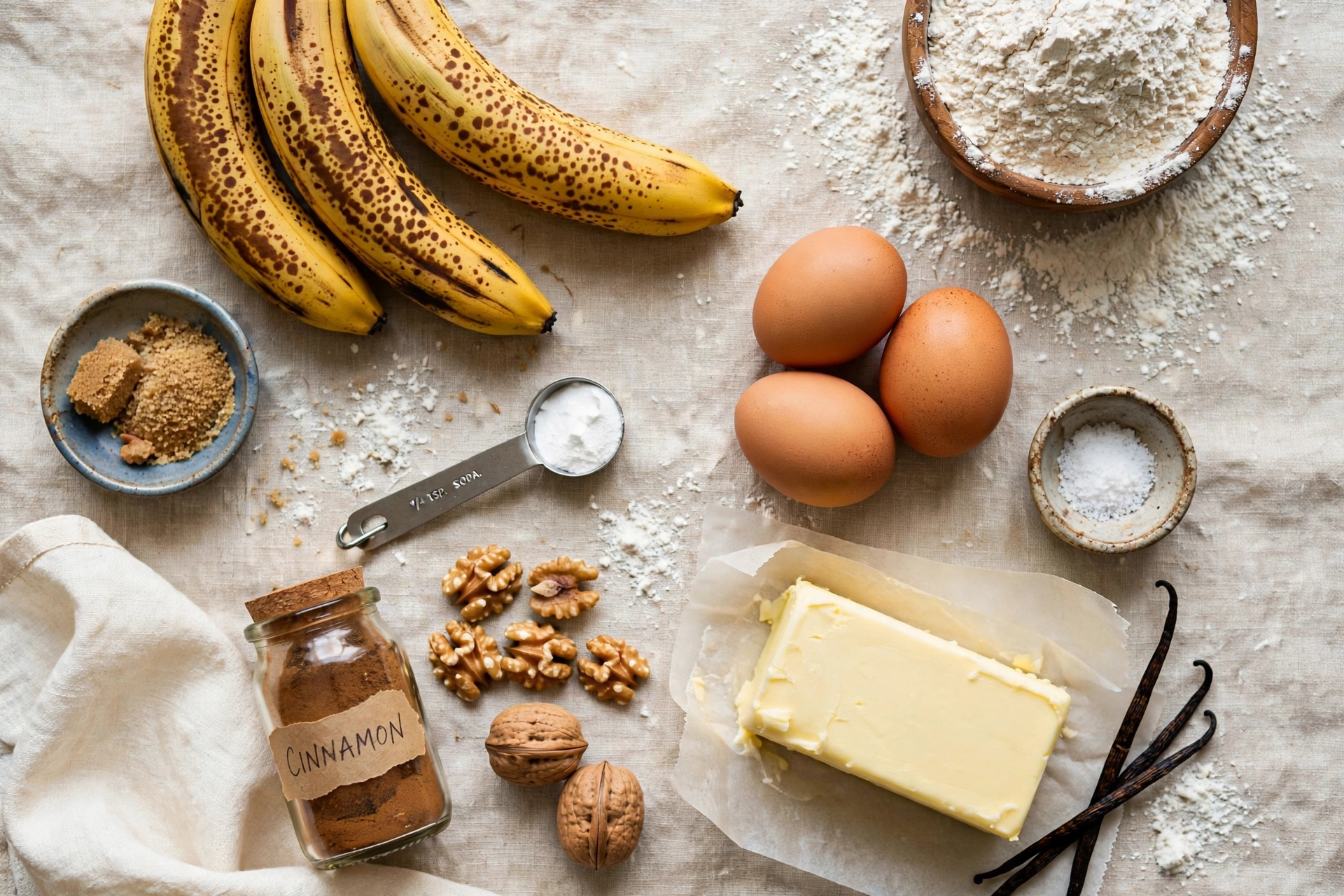 Simple ingredients laid out for a homemade banana bread recipe