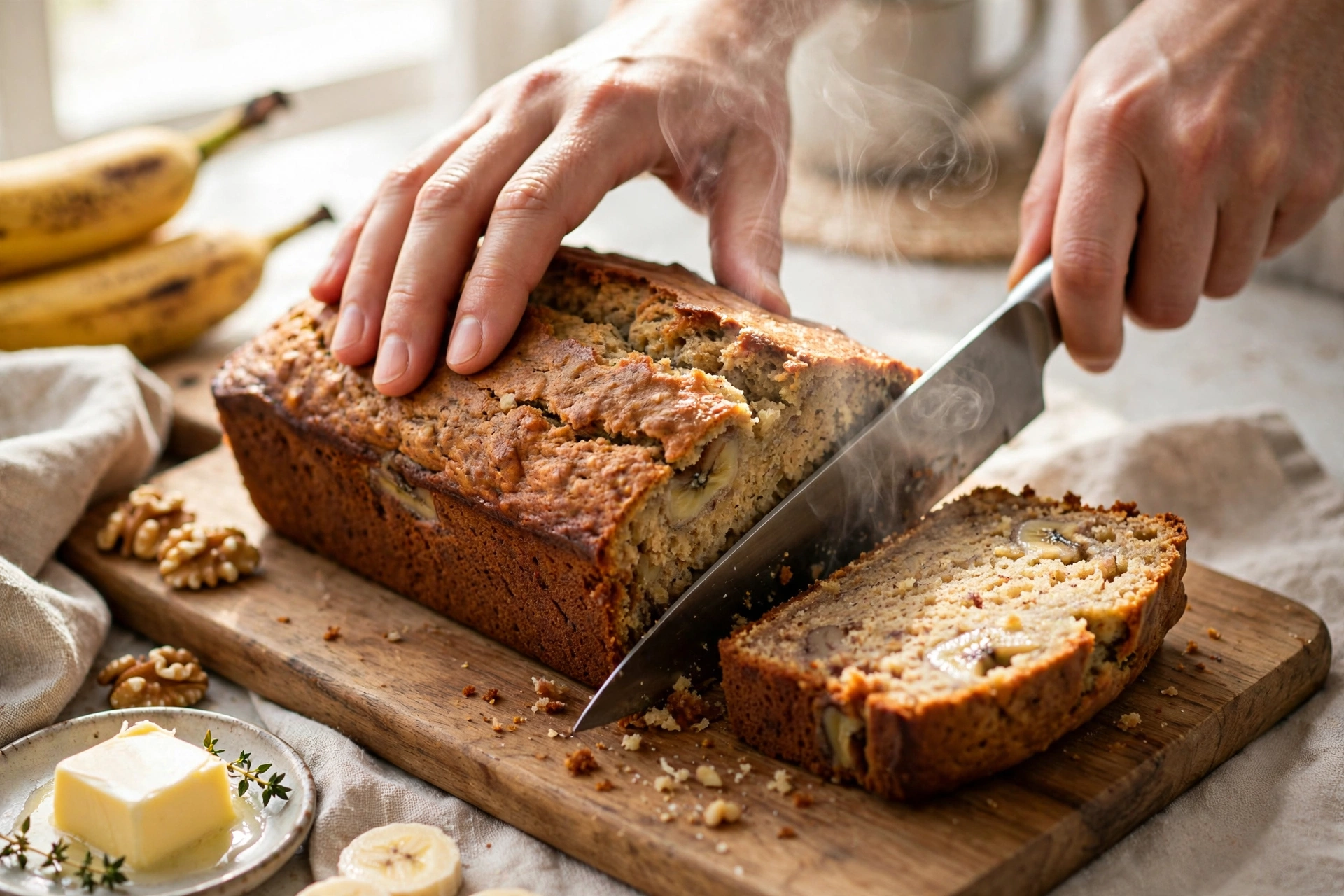Hands cutting a warm banana bread recipe loaf with soft steam rising