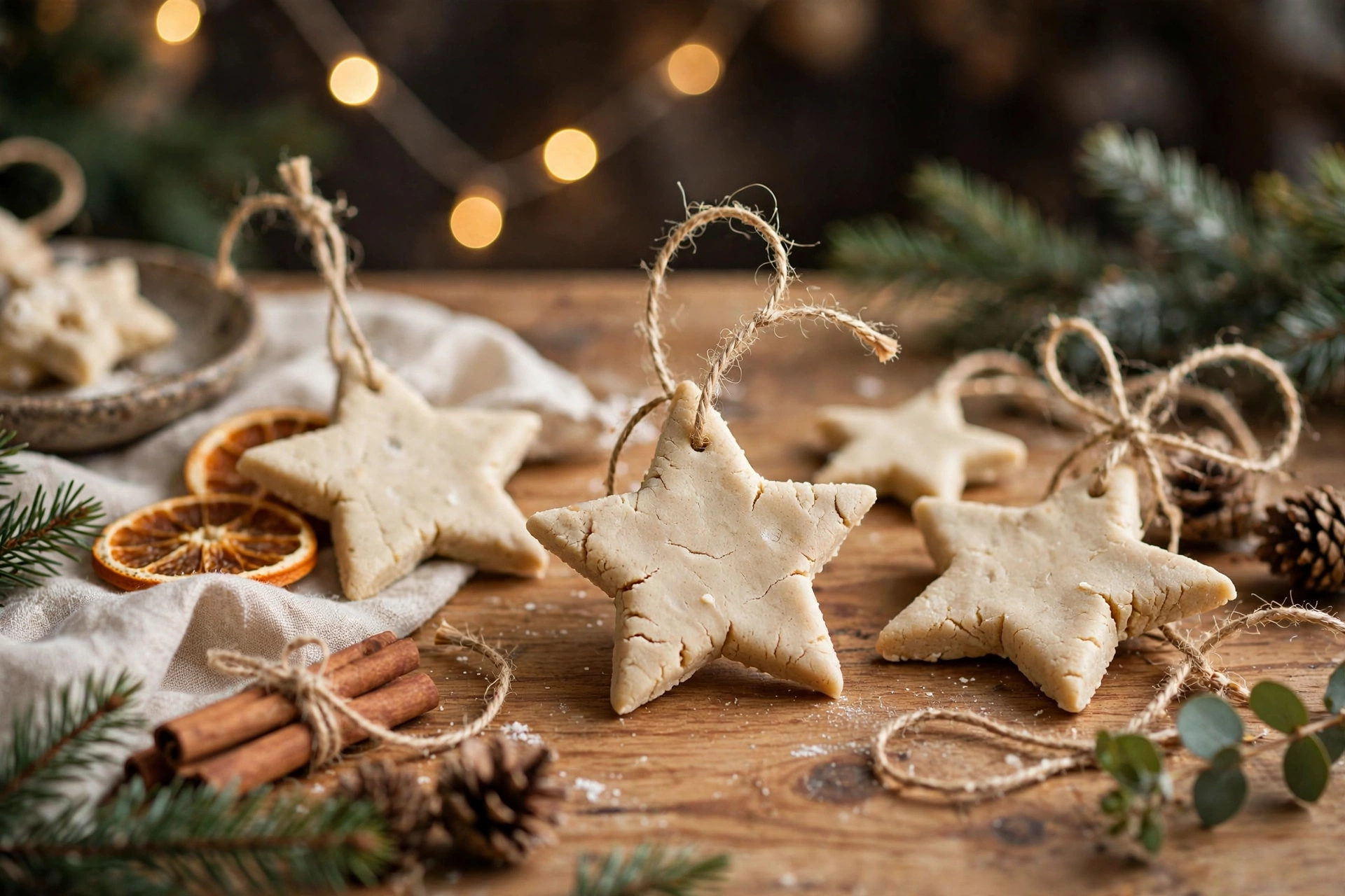 Hands rolling out soft dough with cookie cutters making handmade homemade christmas ornaments on a wooden table