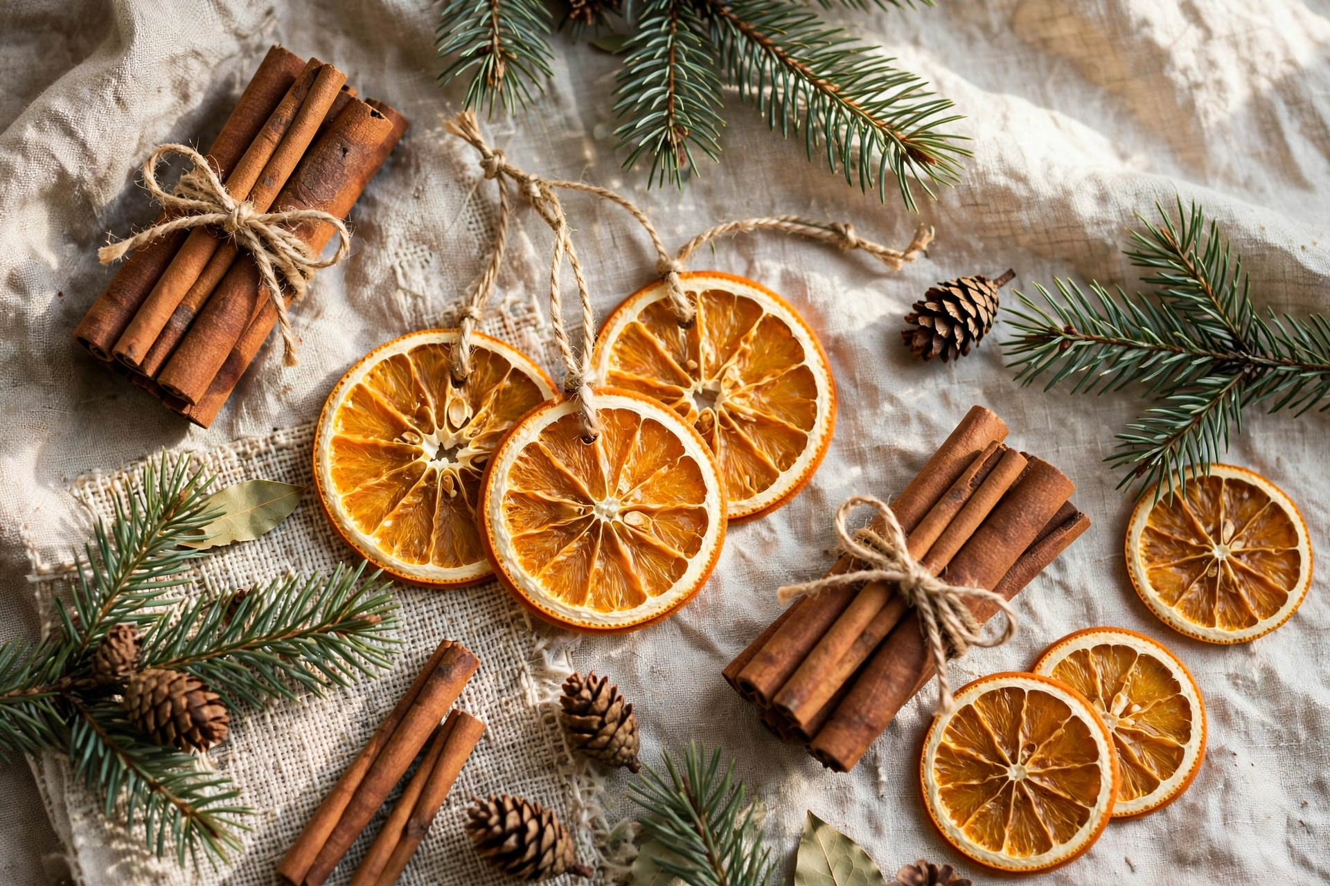 Cinnamon sticks and dried orange slices tied with twine as fragrant homemade christmas ornaments