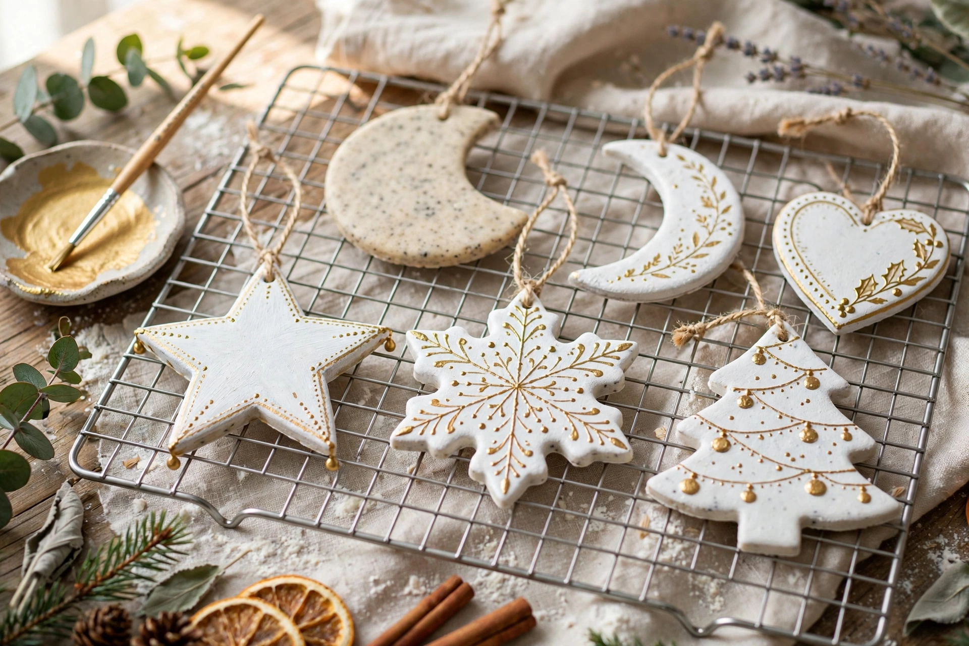 Salt dough star ornaments with twine hangers resting on a wooden table as homemade christmas ornaments