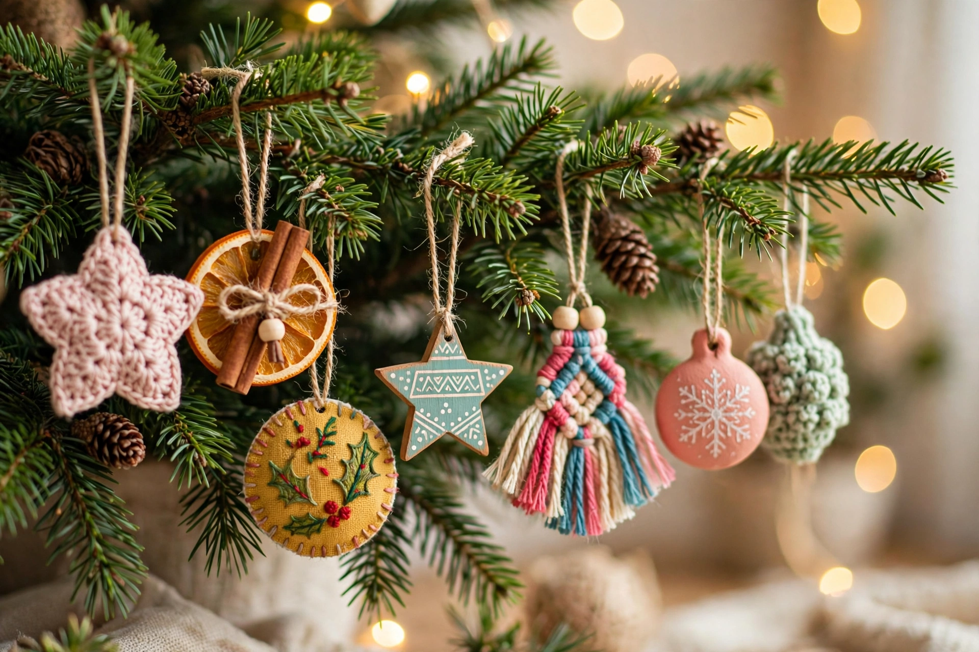 Finished ornaments hanging on a Christmas tree branch showing colorful homemade christmas ornaments