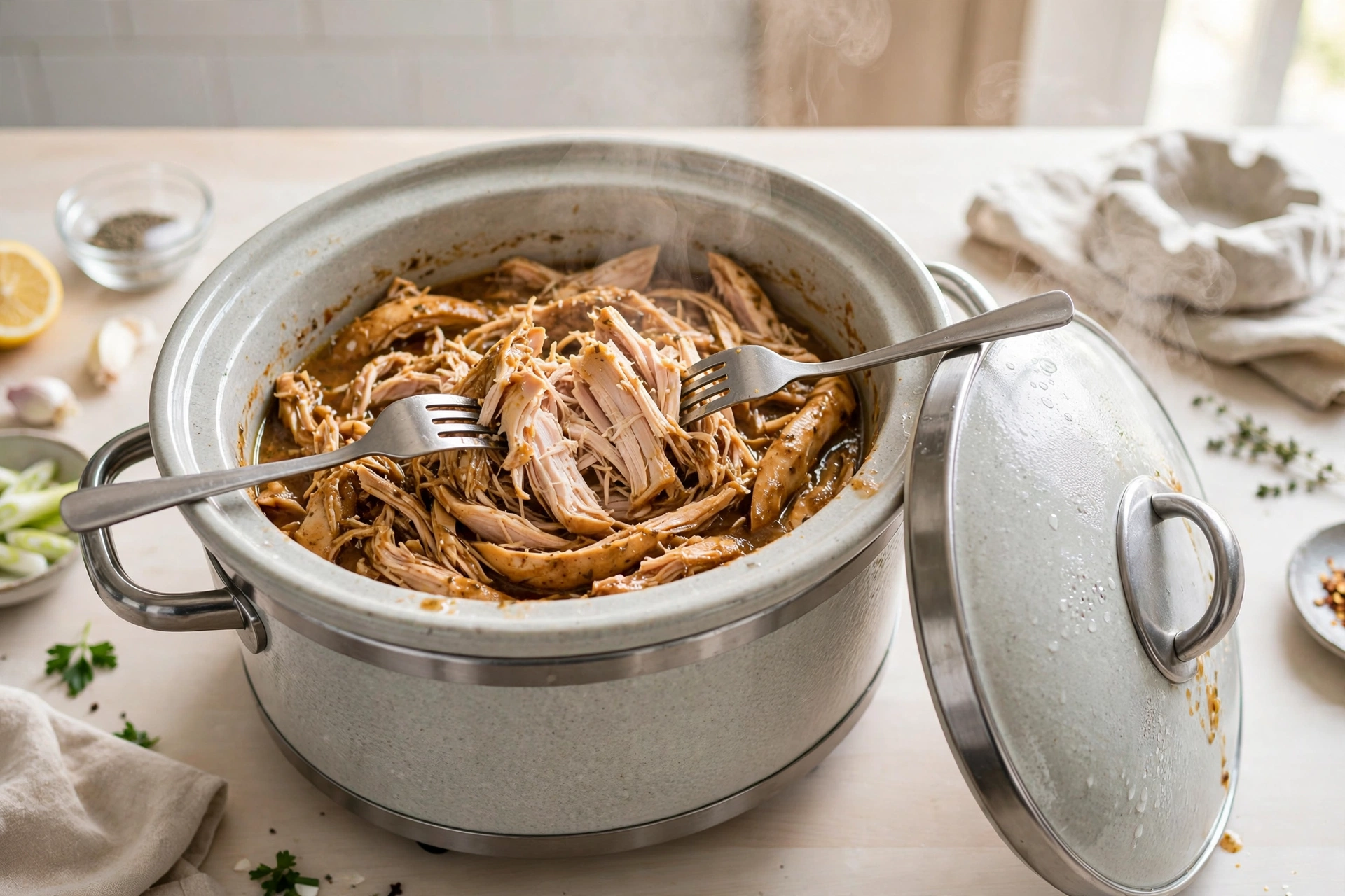 Tender shredded meat from easy crockpot chicken recipes pulled apart with forks