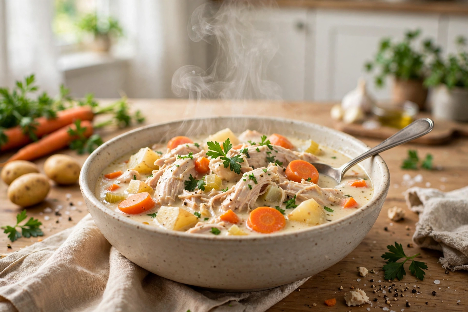 Creamy stew from crockpot chicken recipes with carrots, potatoes, and parsley