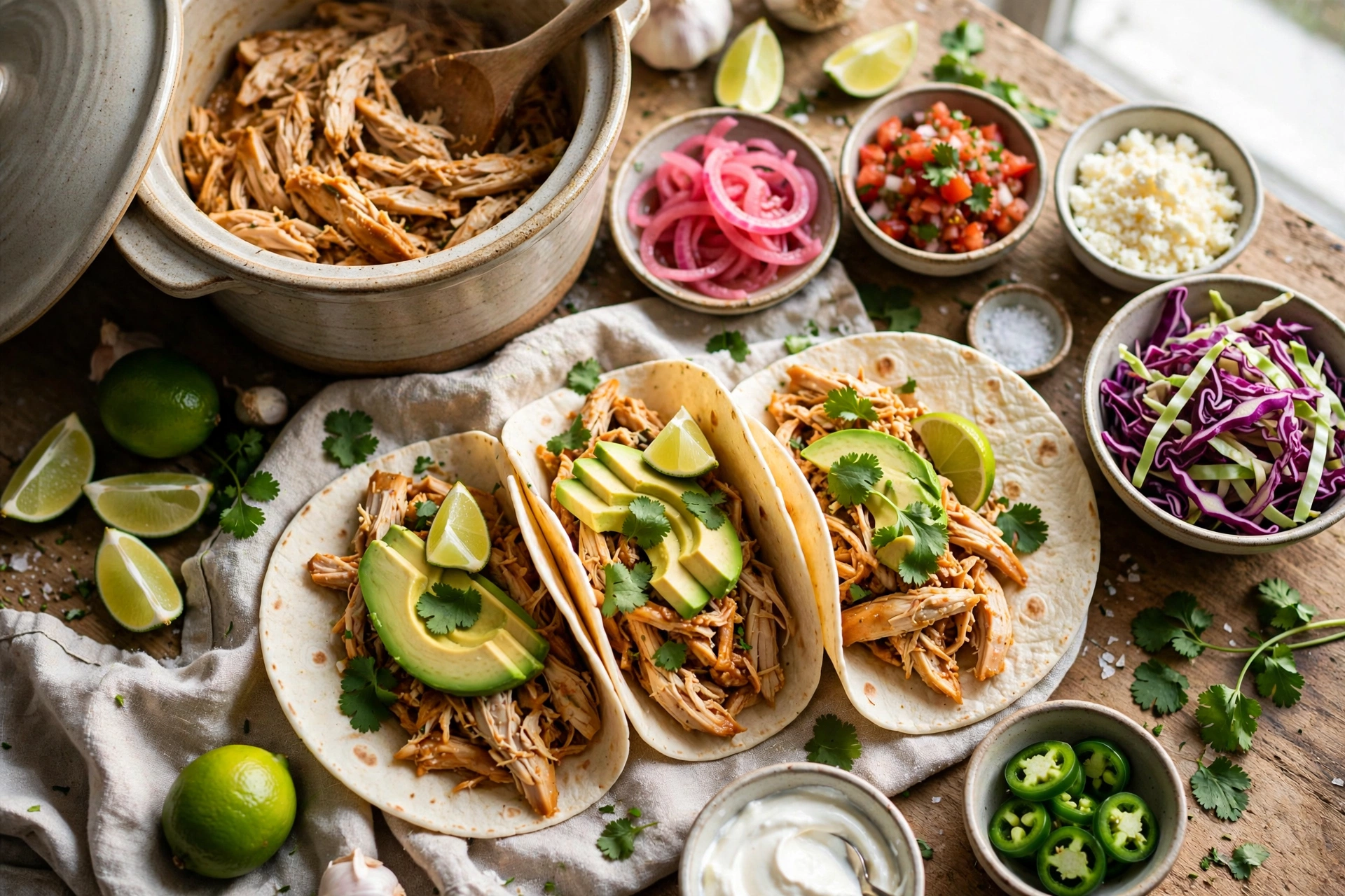 Taco night made easy with crockpot chicken recipes, avocado, and lime