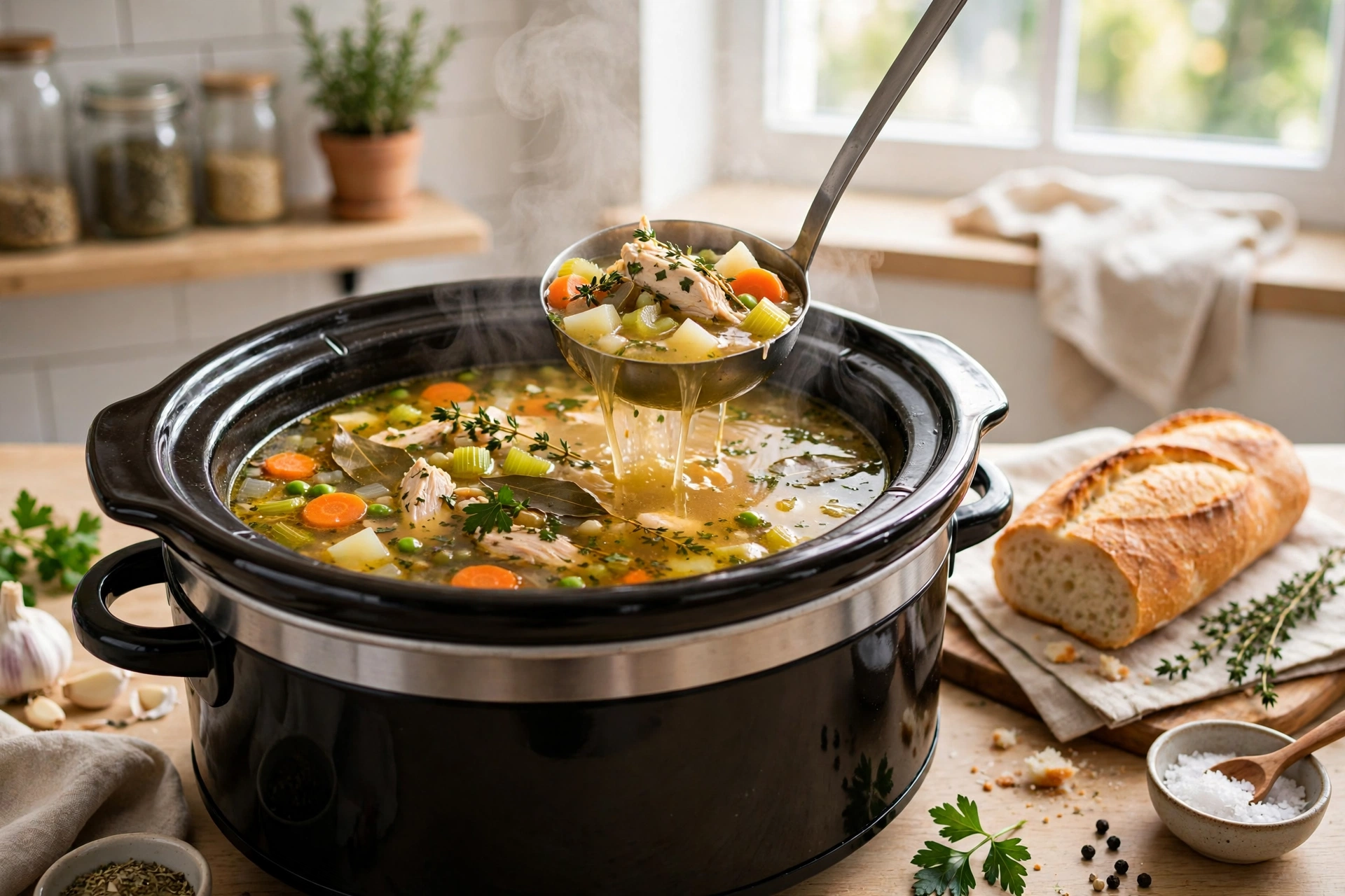 Golden soup from homemade crockpot chicken recipes with bread and fresh herbs