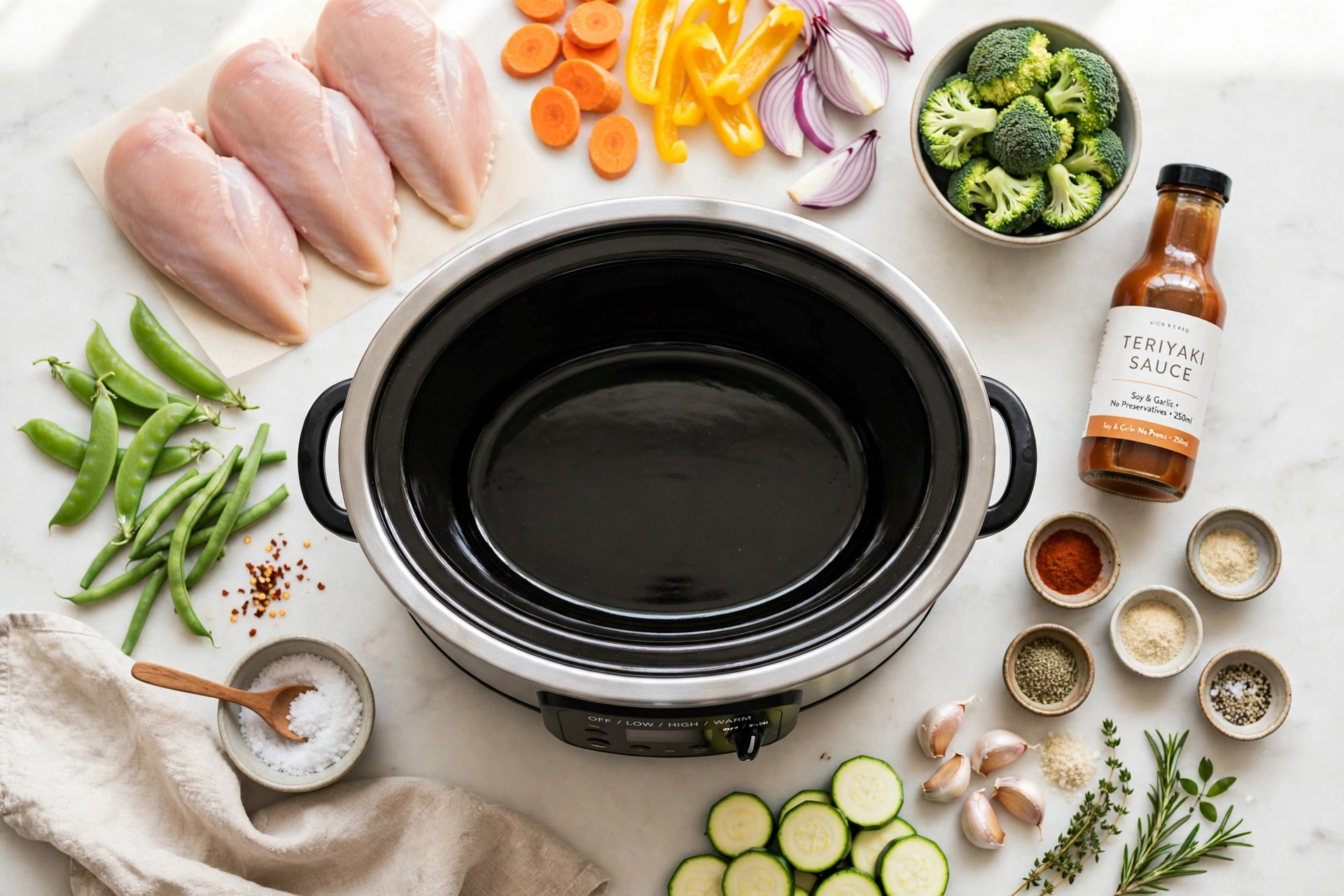 Simple dump ingredients for crockpot chicken recipes arranged around a slow cooker