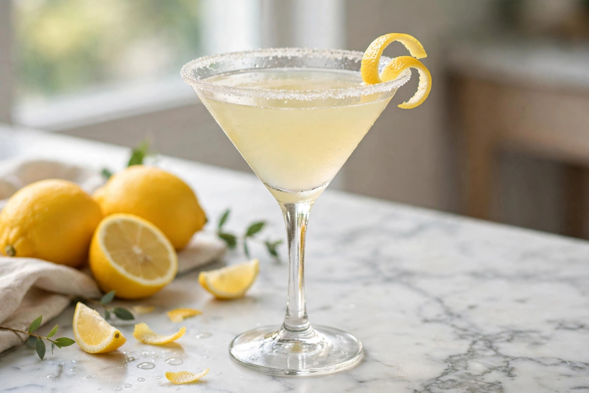 classic lemon drop martini recipe in a chilled coupe with sugared rim and lemon twist on a marble bar