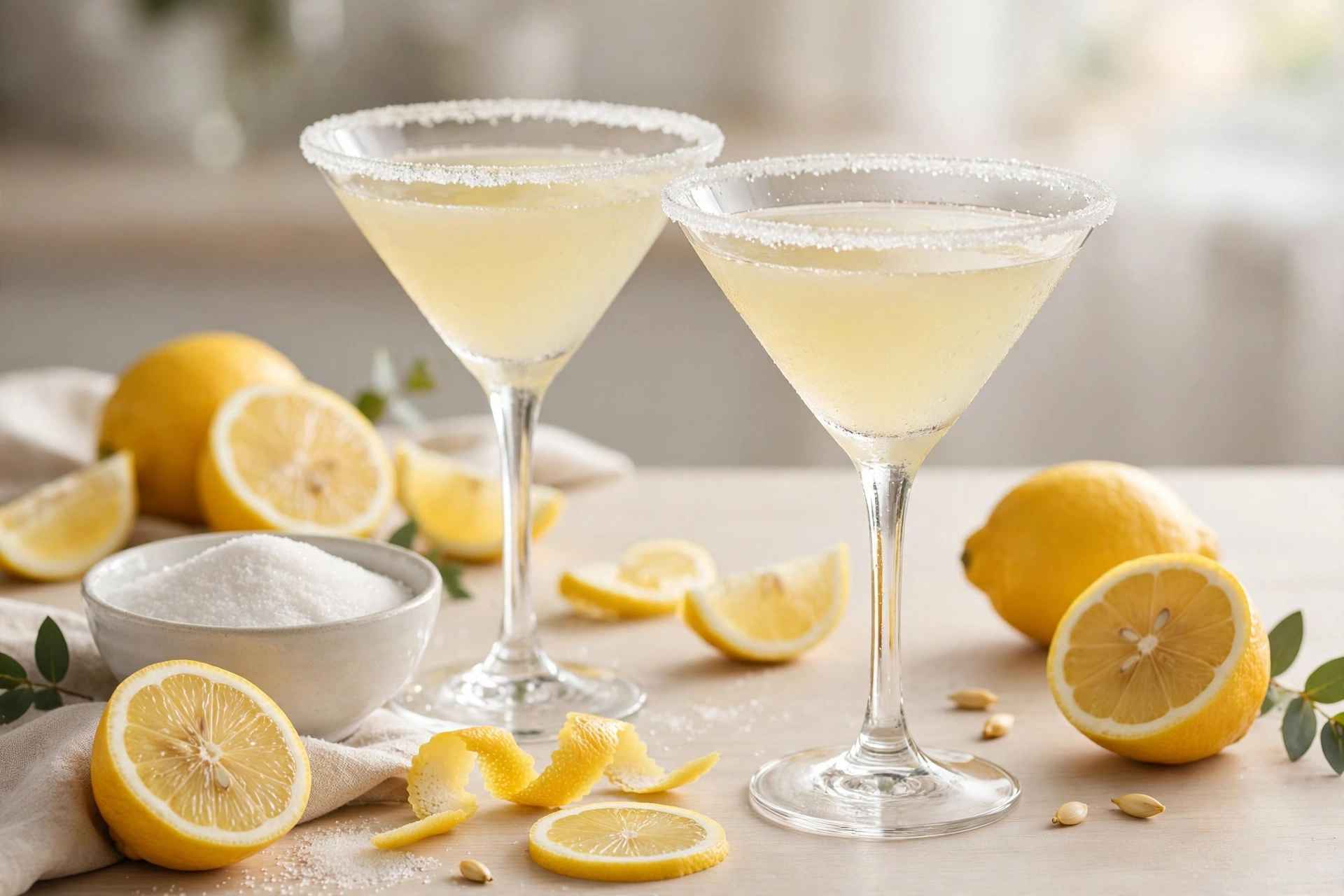 two glasses from this lemon drop martini recipe served beside fresh lemons and a small bowl of sugar