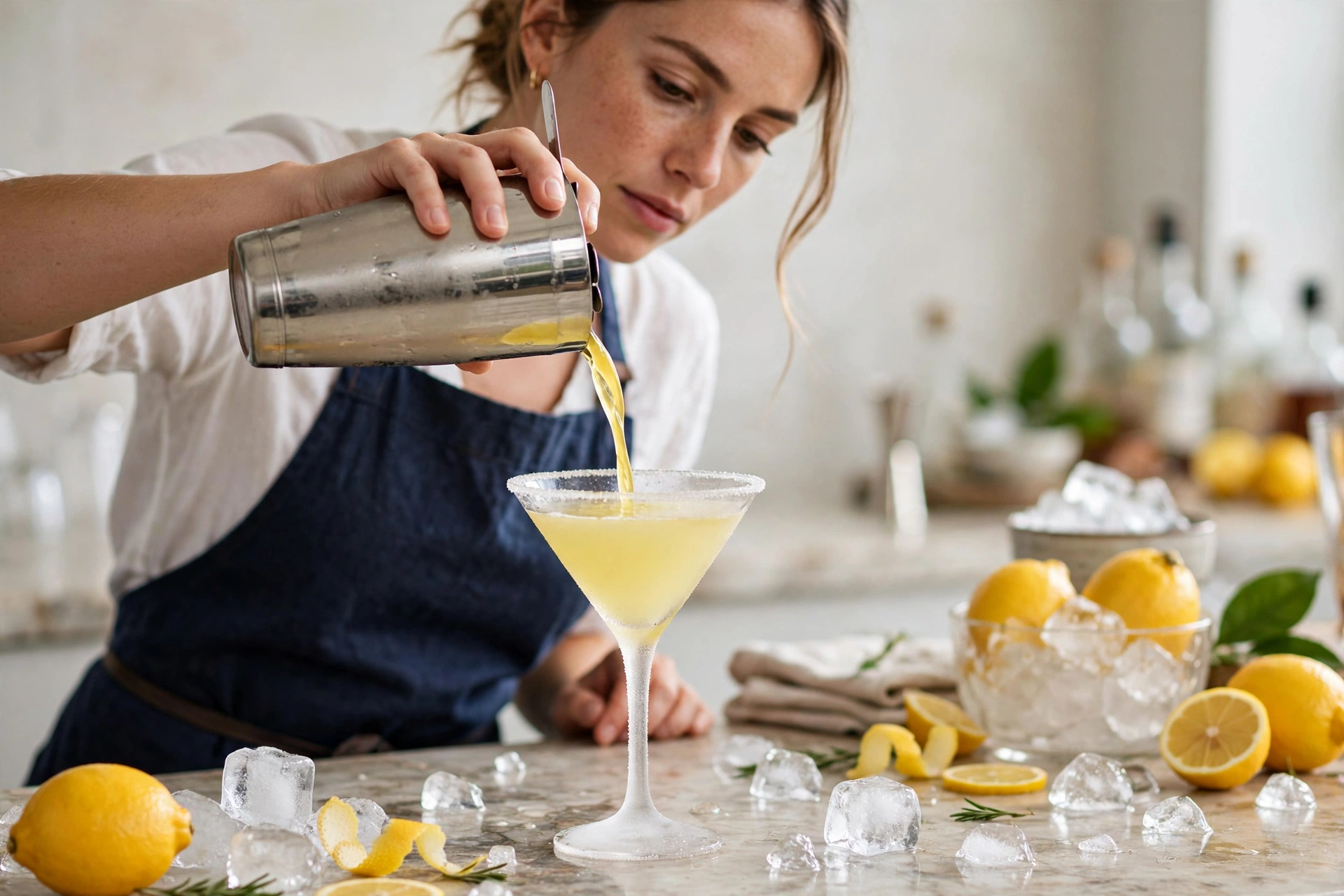 bartender pouring a lemon drop martini recipe from a shaker into a frosty glass with ice nearby