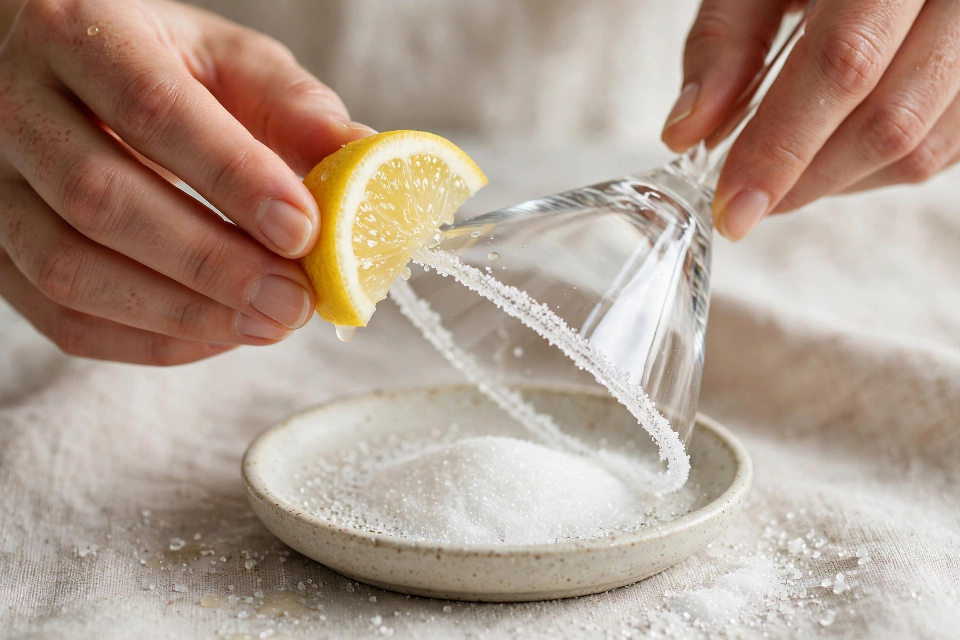 close up hands sugaring the rim for a lemon drop martini recipe with lemon wedge and fine sugar