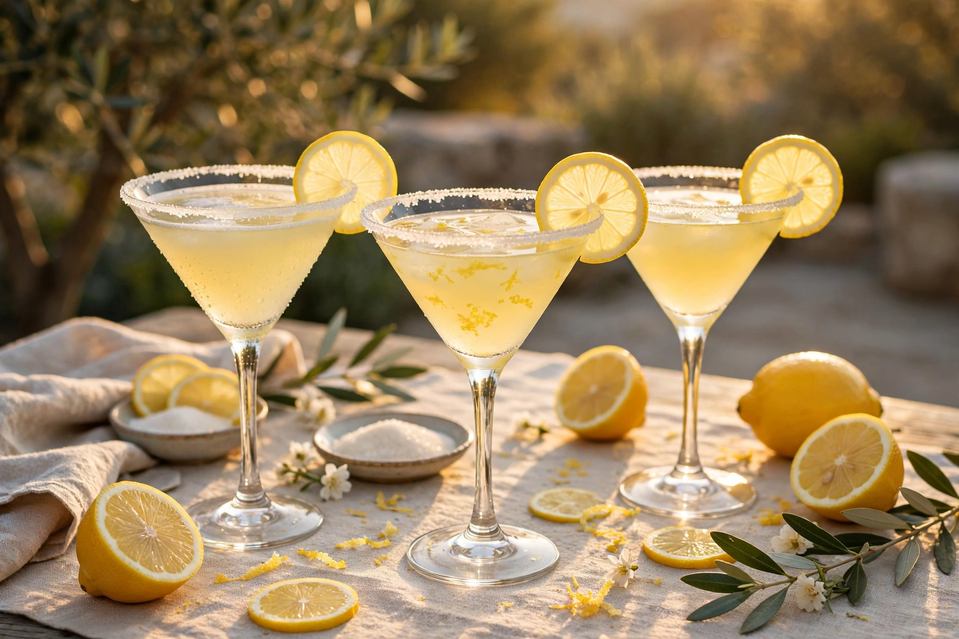 golden hour lemon drop martini recipe glasses garnished with lemon wheels on a bright outdoor table