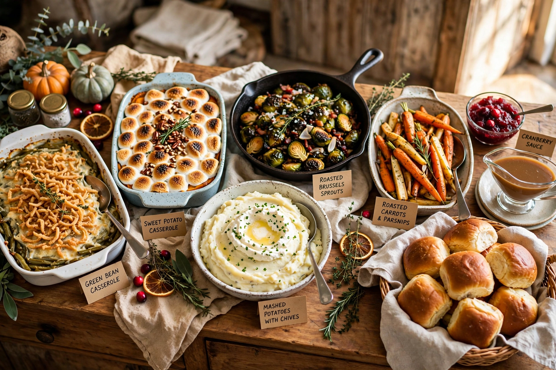Buffet spread of thanksgiving food table ideas with casseroles and warm rolls