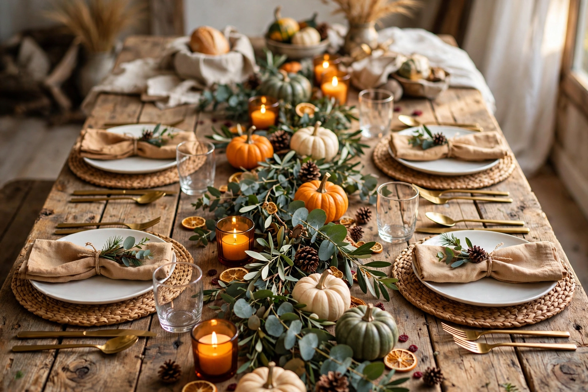 Rustic candles and pumpkins in thanksgiving food table ideas for cozy tables