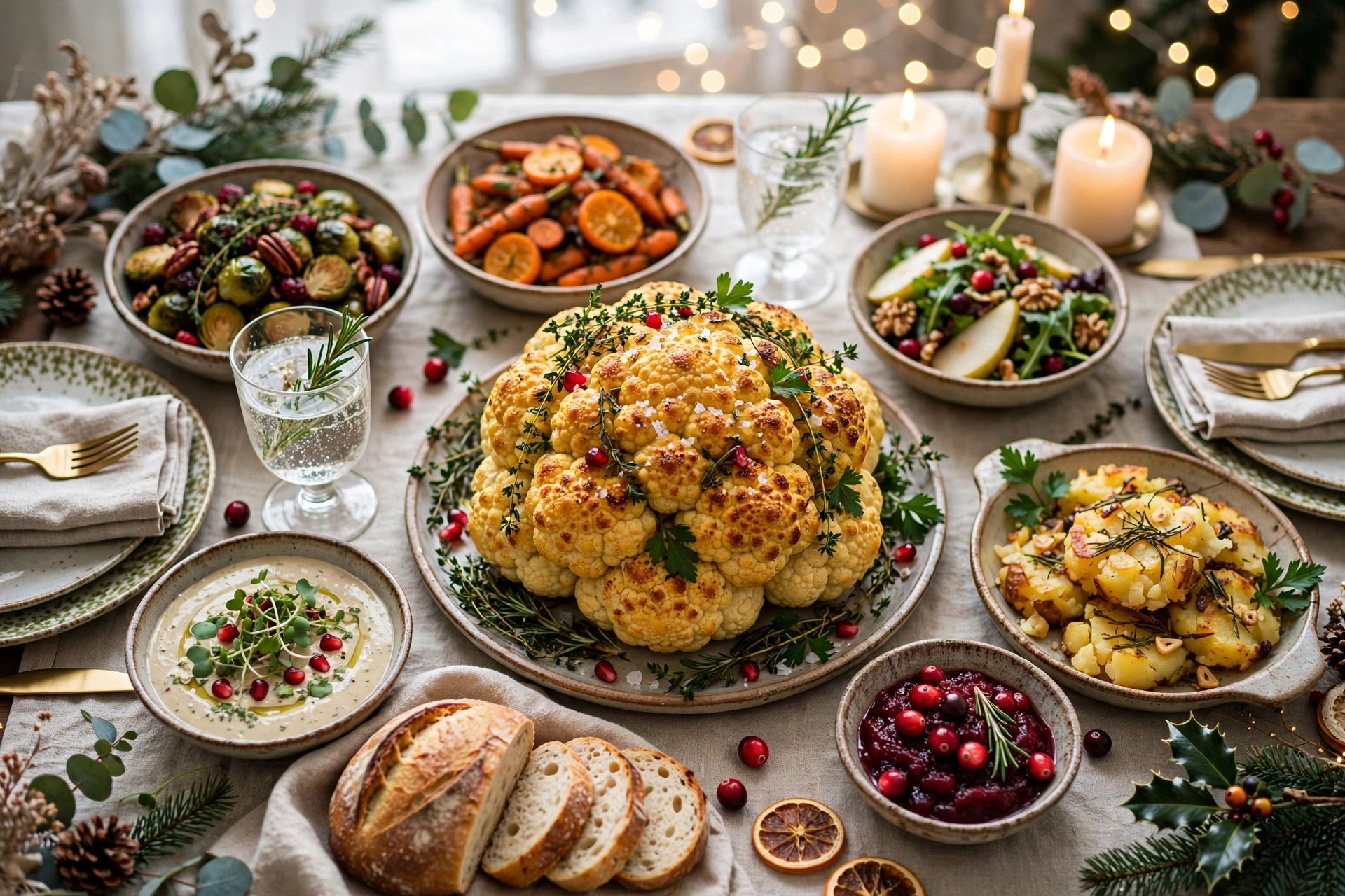 Golden whole roasted cauliflower centerpiece served as a stunning vegan christmas dinner main dish with herbs and pomegranate