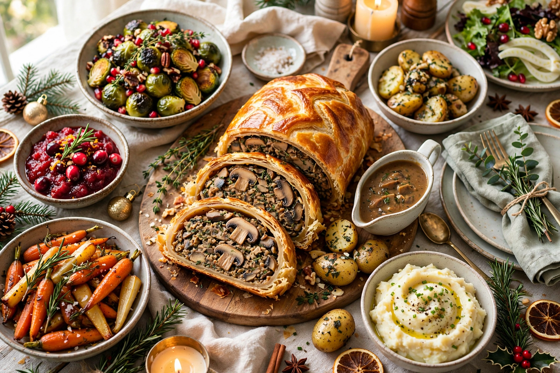 Sliced mushroom Wellington on a wooden board as a festive vegan christmas dinner centerpiece with flaky golden pastry