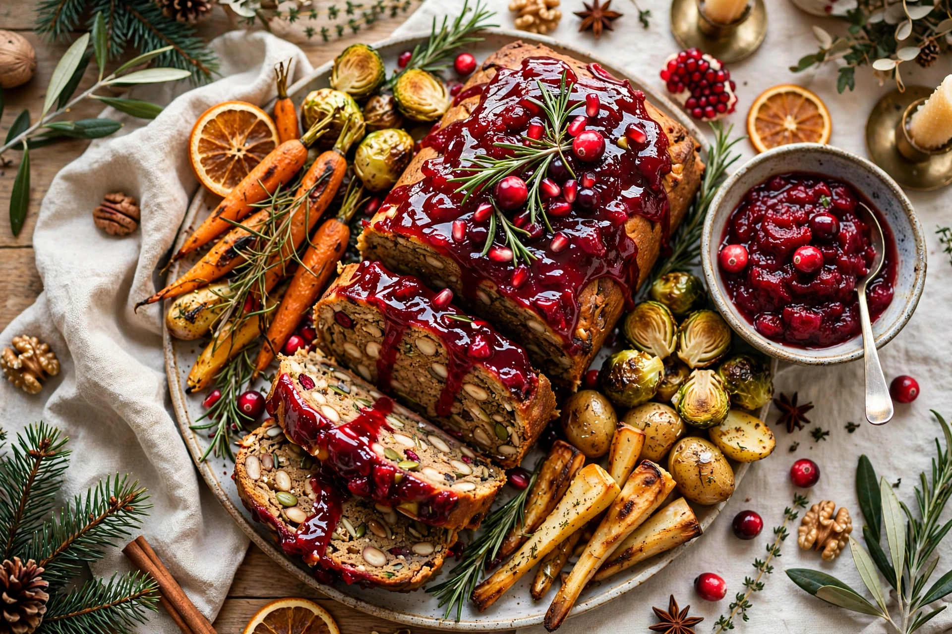 Festive table of classic sides and gravy boat ready for a hearty vegan christmas dinner celebration