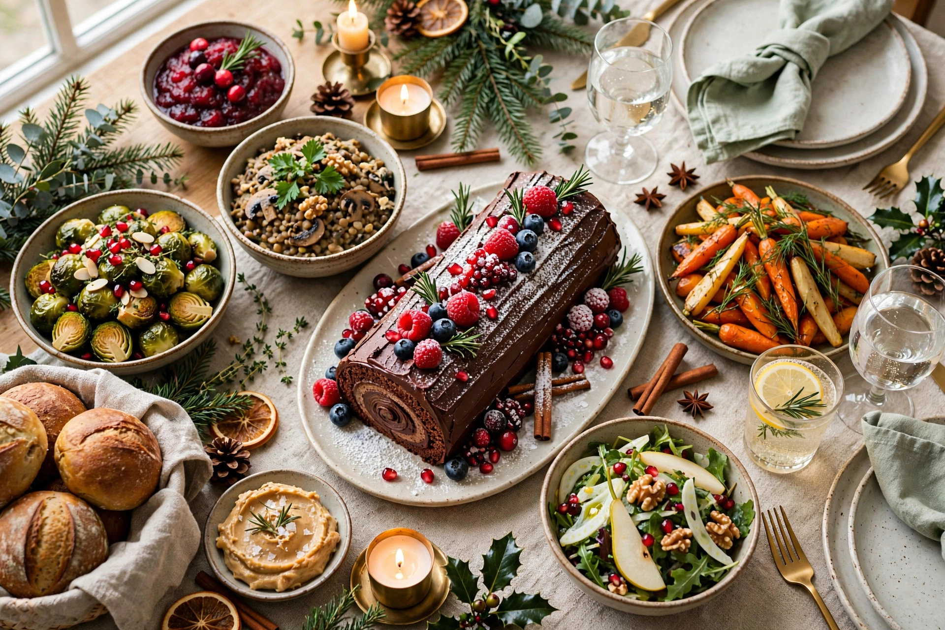 Abundant festive spread with nut roast, vegetables, and desserts for a memorable vegan christmas dinner with family