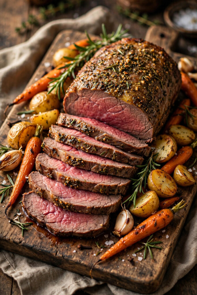 Sliced herb-crusted sirloin tip roast on a carving board with roasted vegetables