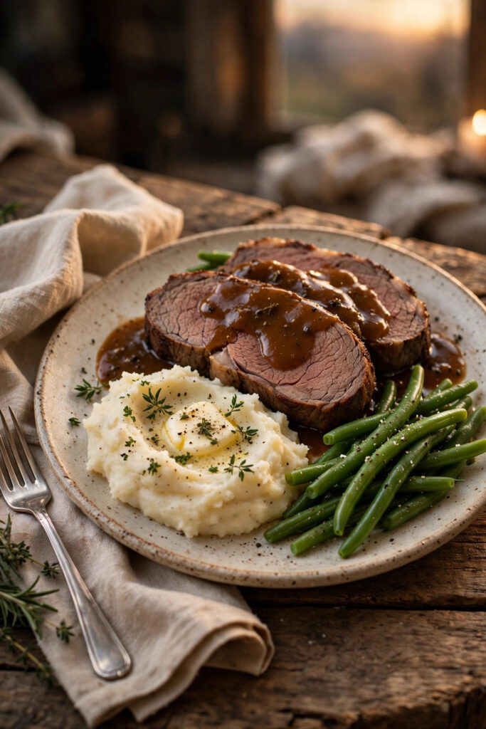 Plated sirloin tip roast dinner with mashed potatoes and gravy