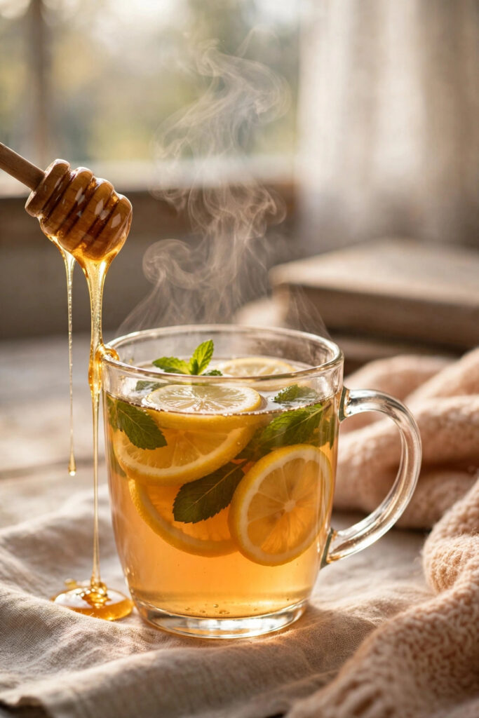 Steaming homemade Starbucks medicine ball tea with lemon and mint
