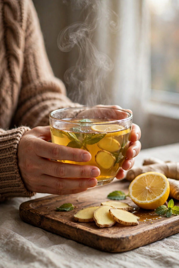 Hands holding a warm mug of honey citrus mint tea with ginger and lemon