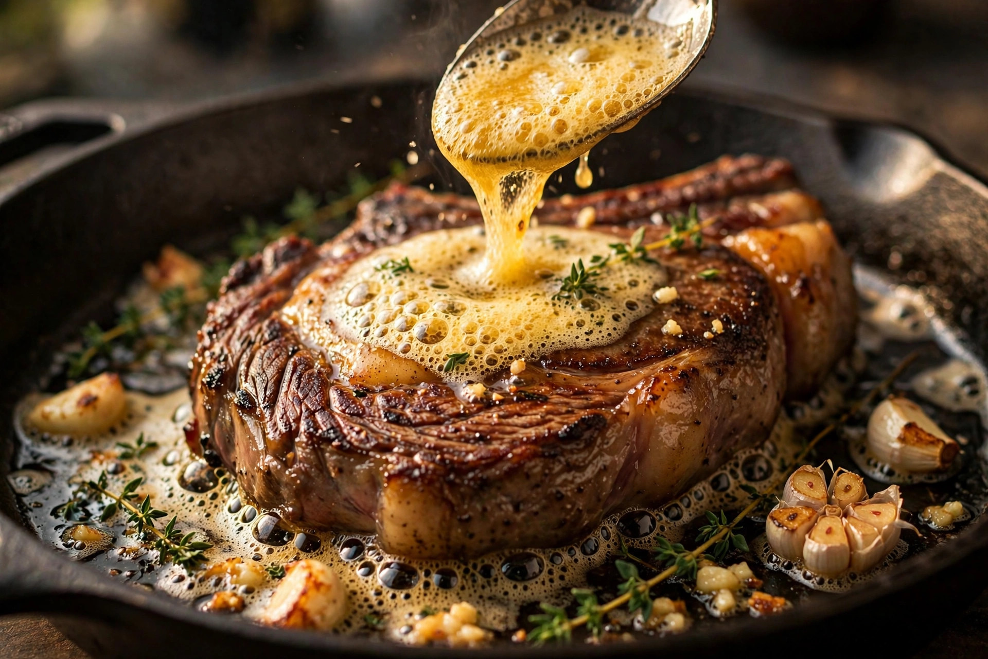 Ribeye steak basted with garlic butter in a cast-iron skillet