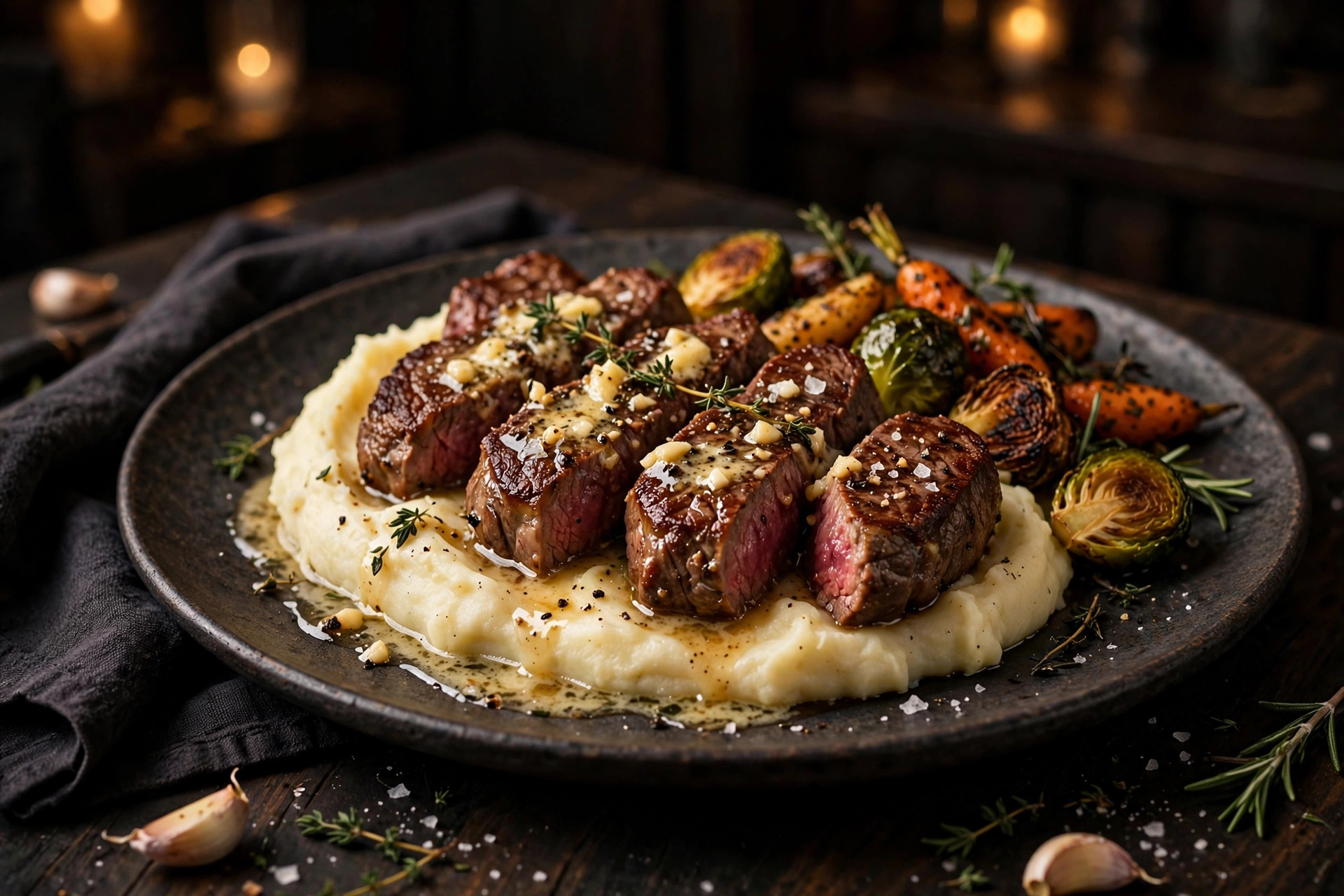 Plated steak tips recipe dinner with mashed potatoes and roasted vegetables