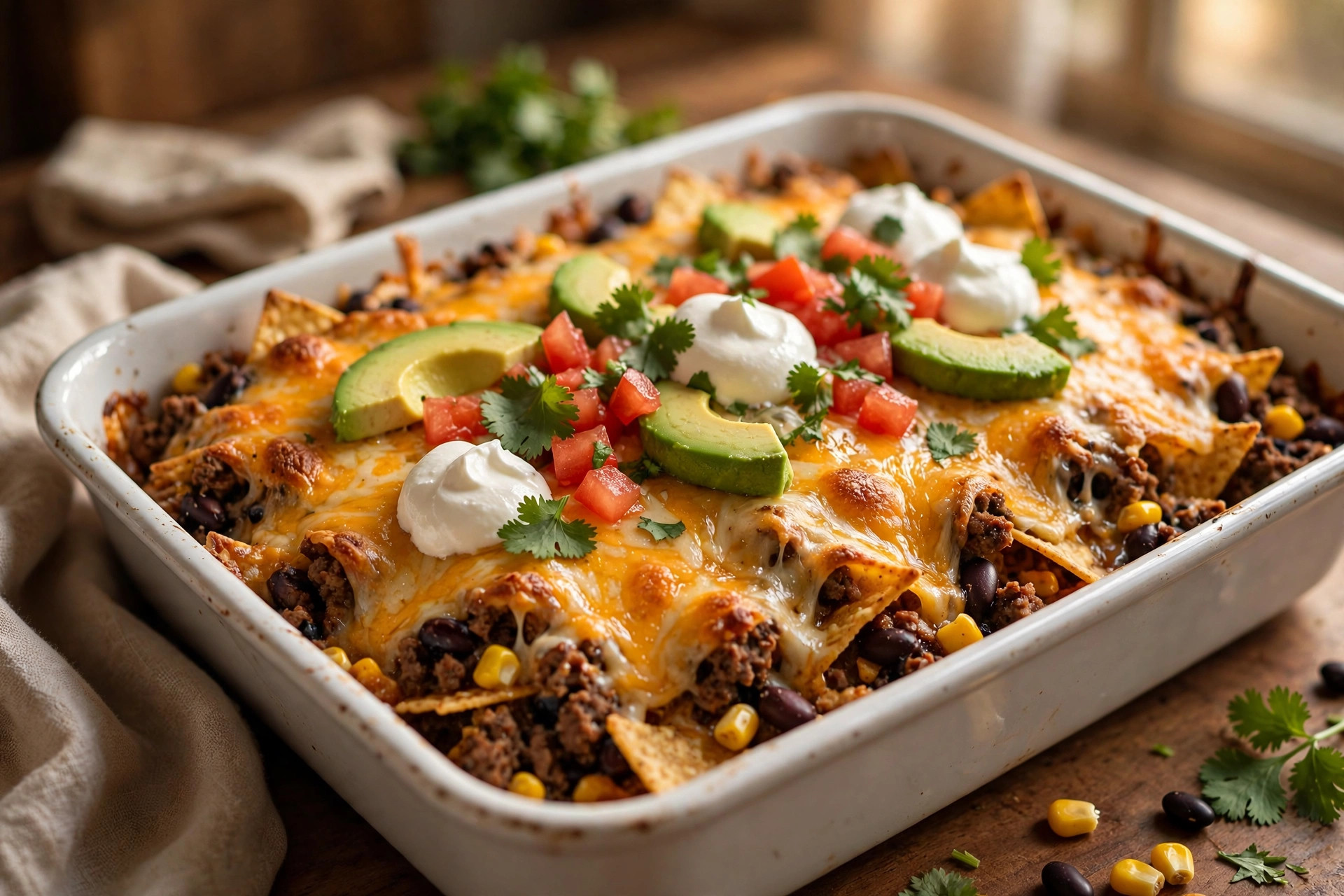 Cheesy taco casserole in a baking dish topped with avocado and fresh toppings