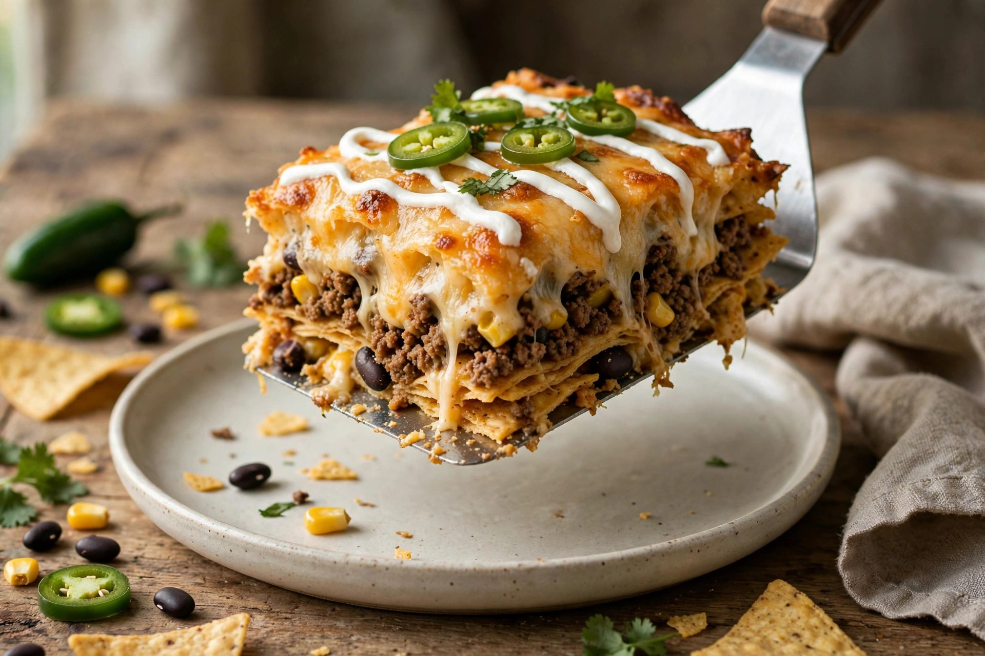 Slice of layered taco casserole with tortilla chips, seasoned beef, and melted cheese