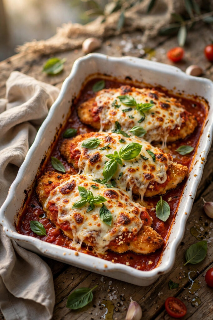 Crispy chicken parmesan cutlets topped with melted mozzarella and marinara sauce in a baking dish