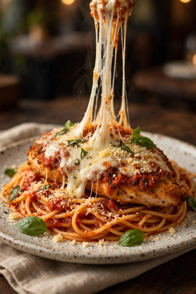 Plated chicken parmesan with spaghetti and a stretchy melted mozzarella cheese pull